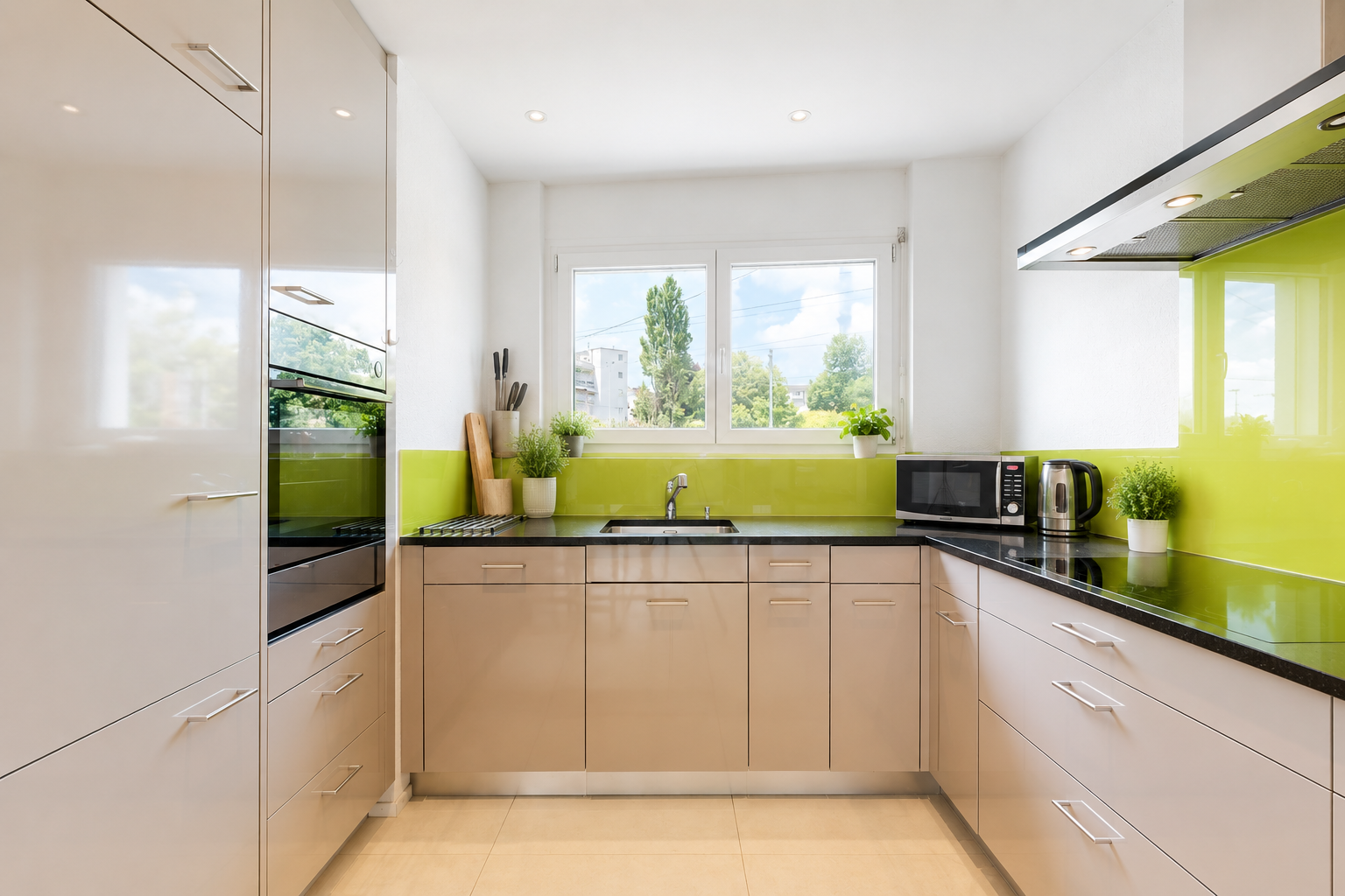 cuisine avec hotte, dark countertops, day time, four, et light floor