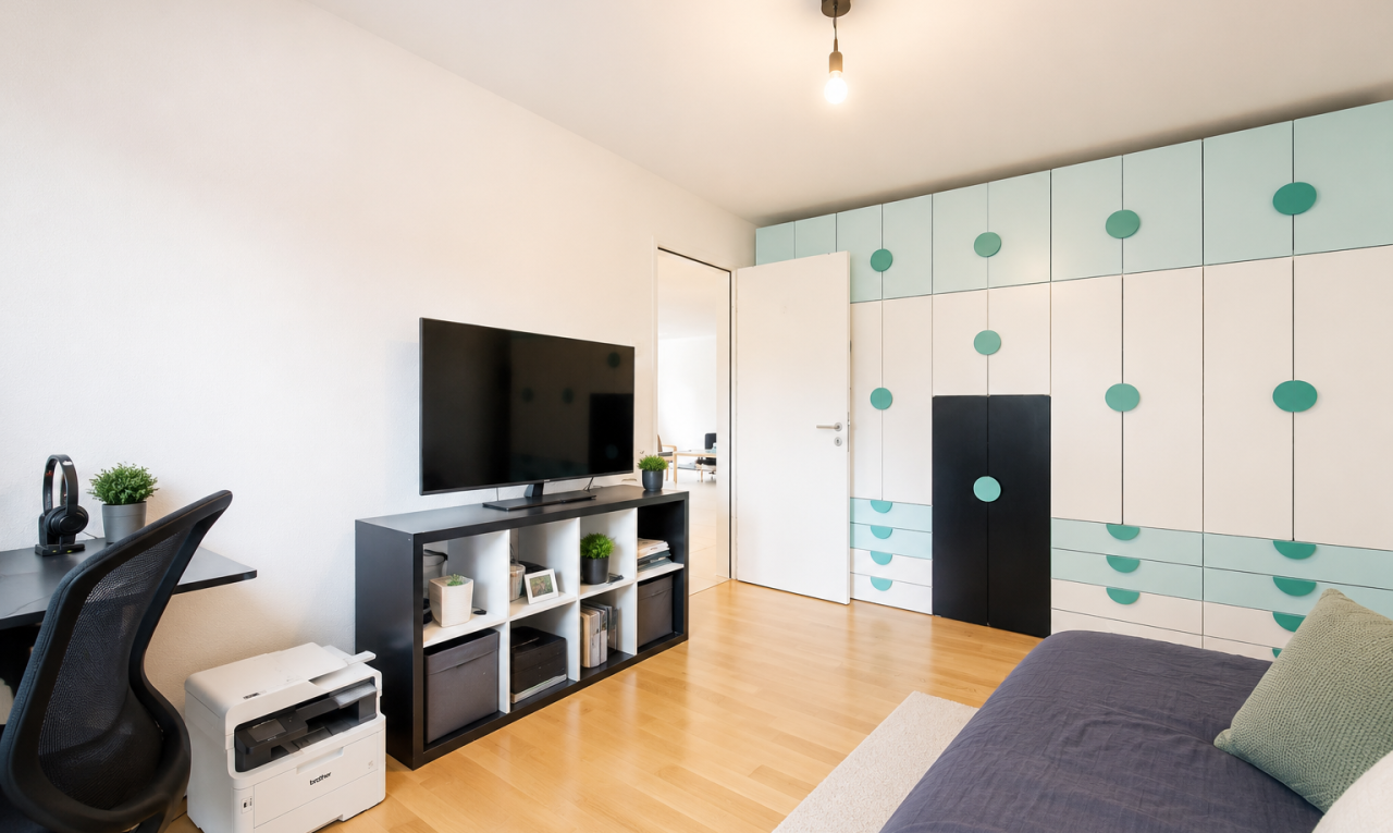 salon avec cloison sèche, drywall, sol en finition bois, wood finish floor, et télévision