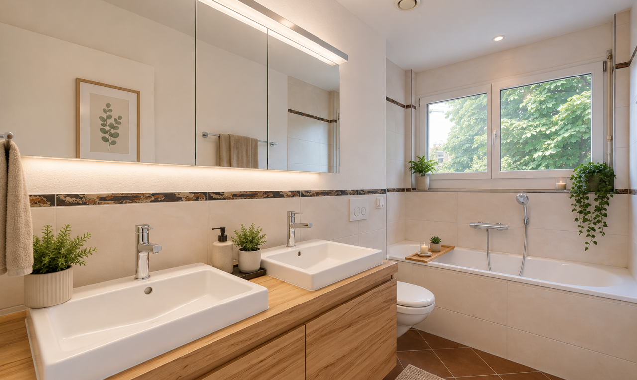 bathroom featuring a garden tub, double vanity, tile walls, dark tile patterned flooring, and recessed lighting