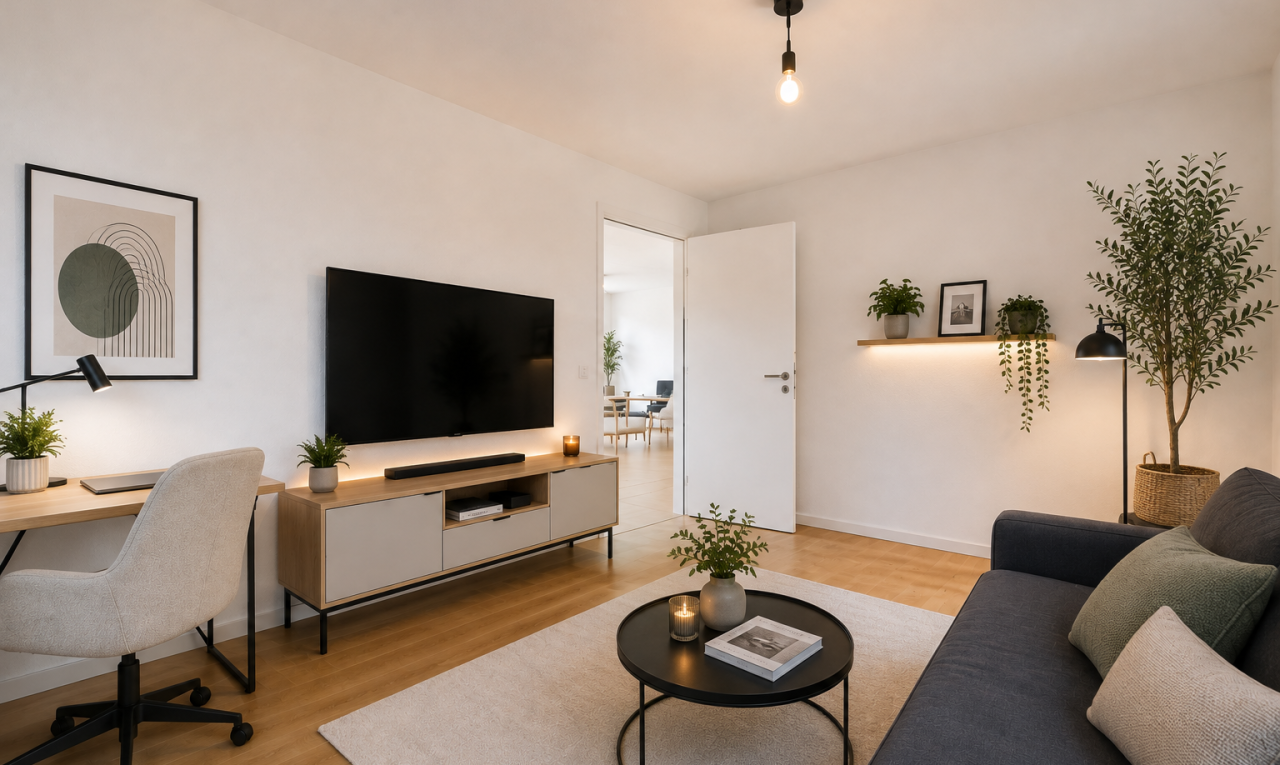 living area with an office area and light wood-type flooring