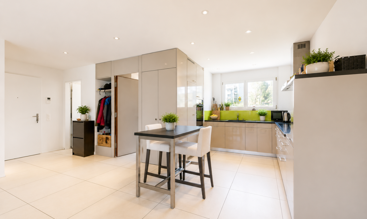 cuisine avec plans de travail, dark countertops, cloison sèche, drywall, et light floor