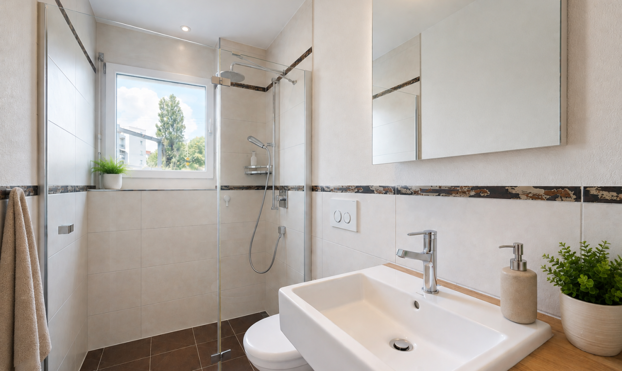 bathroom with a shower stall, tile walls, recessed lighting, dark tile patterned floors, and wainscoting