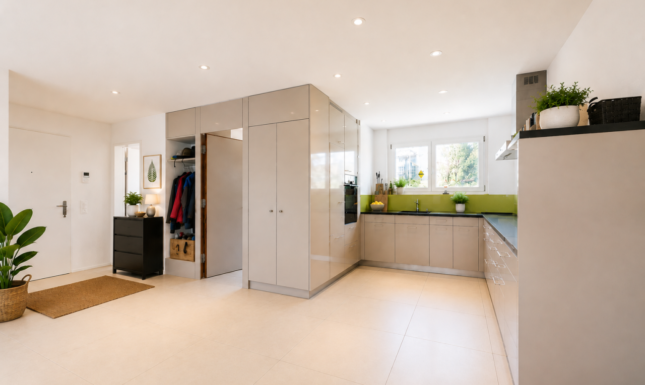 kitchen with recessed lighting, dark countertops, and black oven