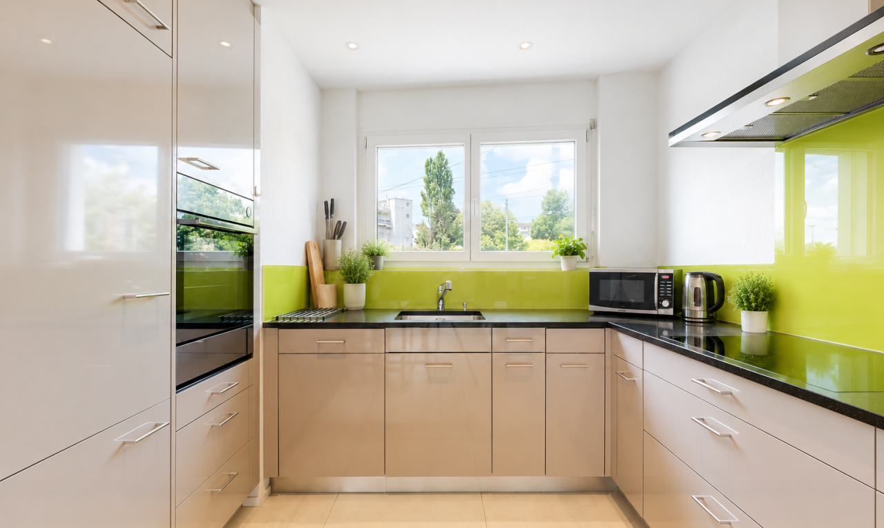 cuisine avec hotte, dark countertops, day time, four, et light floor
