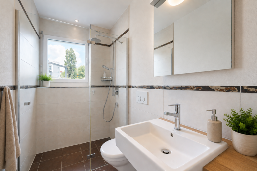 bathroom with a shower stall, tile walls, recessed lighting, dark tile patterned floors, and wainscoting
