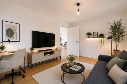 salon avec télévision, espace bureau, wood finish floor, sol en finition bois, et drywall
