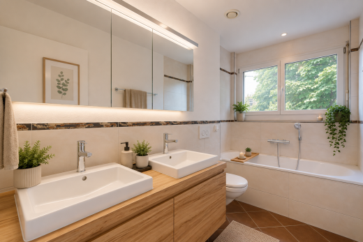 salle de bains avec bain, salle de bain complète, évier, double vasque, et tile wall