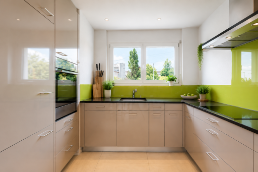 cuisine avec hotte, dark countertops, light floor, four, et plaque de cuisson