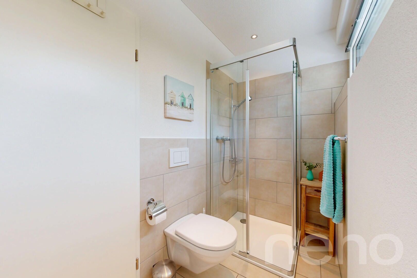 bad mit komplettes badezimmer, dusche, fliesenwand, tile wall, und fliesenboden