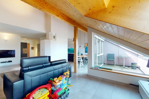 wohnzimmer mit wood ceiling, holzdecke, fernseher, vaulted ceiling, und dachschräge