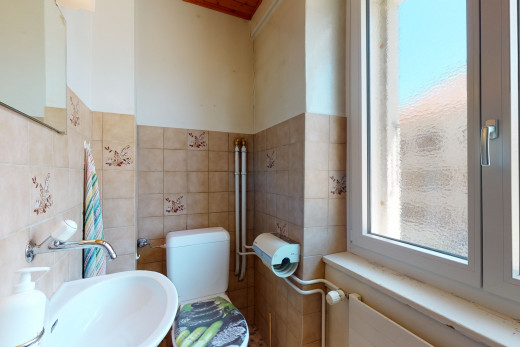 salle de bains avec miroir, toilette, et vasque