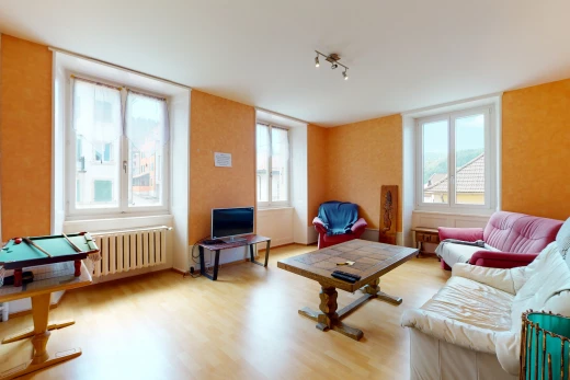 living room with a wealth of natural light, hardwood floors, TV, and radiator