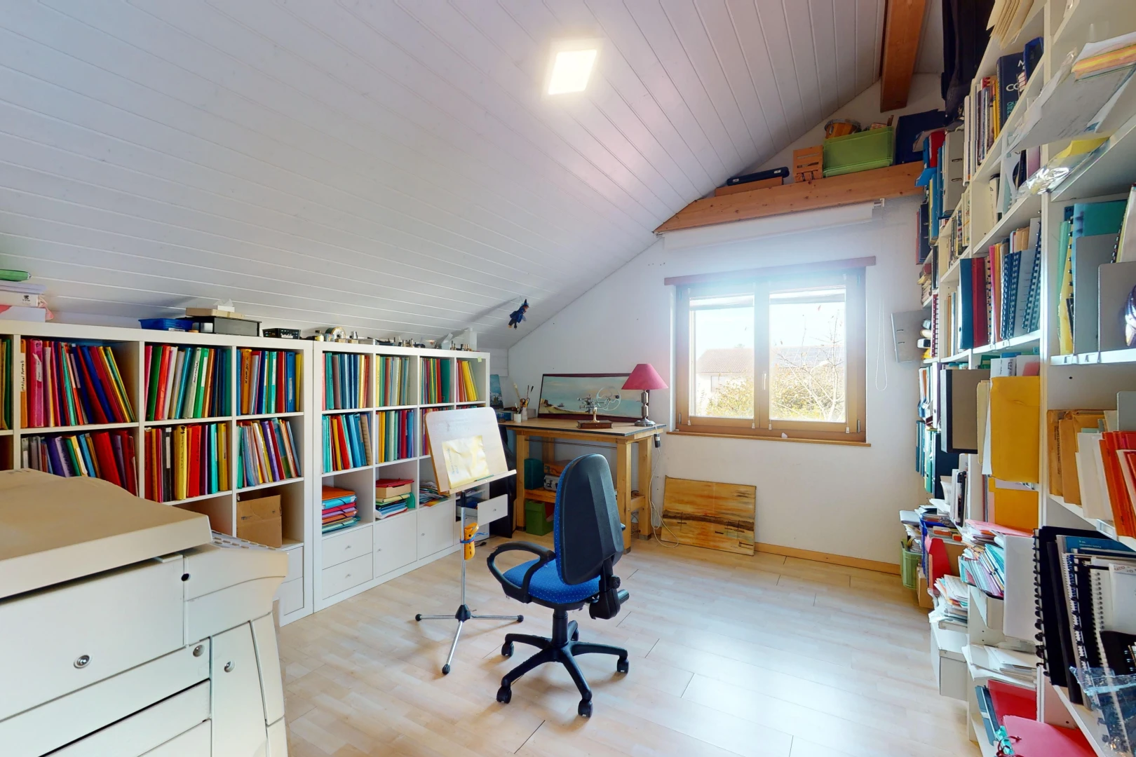 office space with lofted ceiling with beams, light wood-type flooring, and wooden ceiling