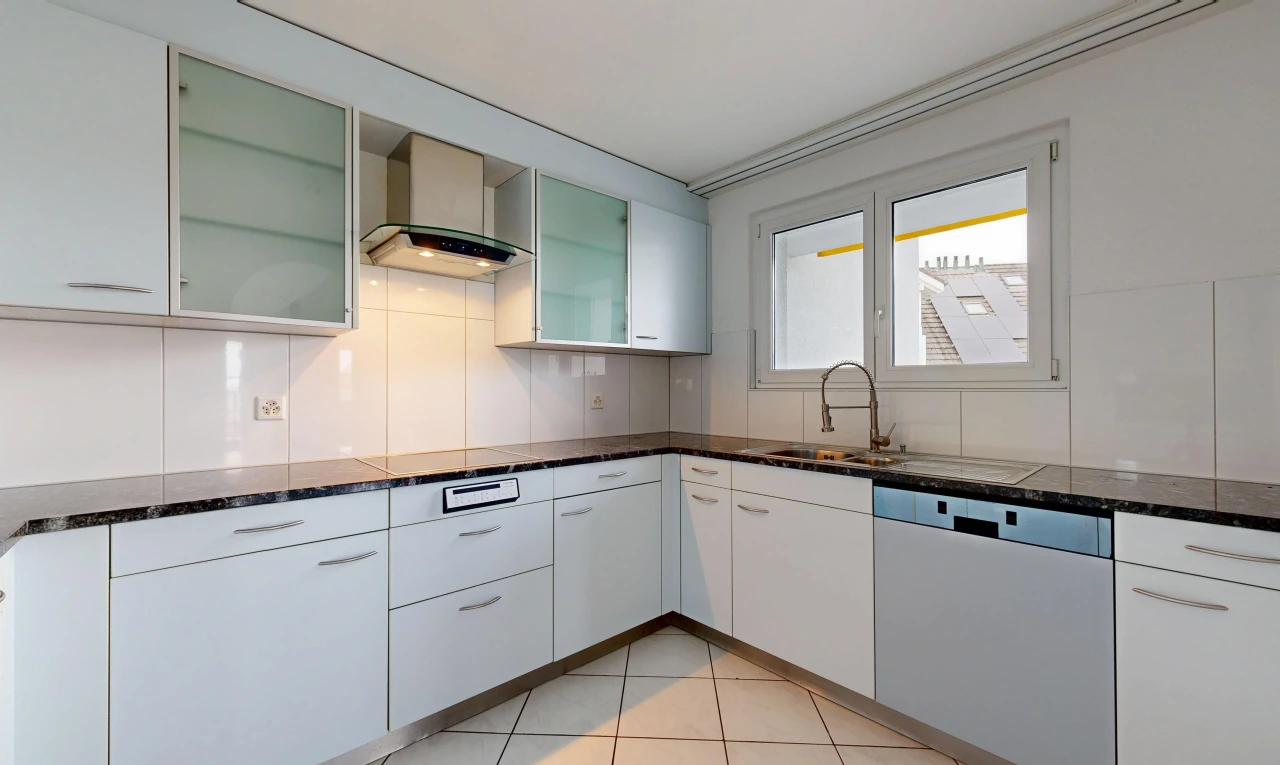 küche mit dark countertops, dunstabzugshaube, geschirrspülmaschine, light floor, und stein arbeitsplatten