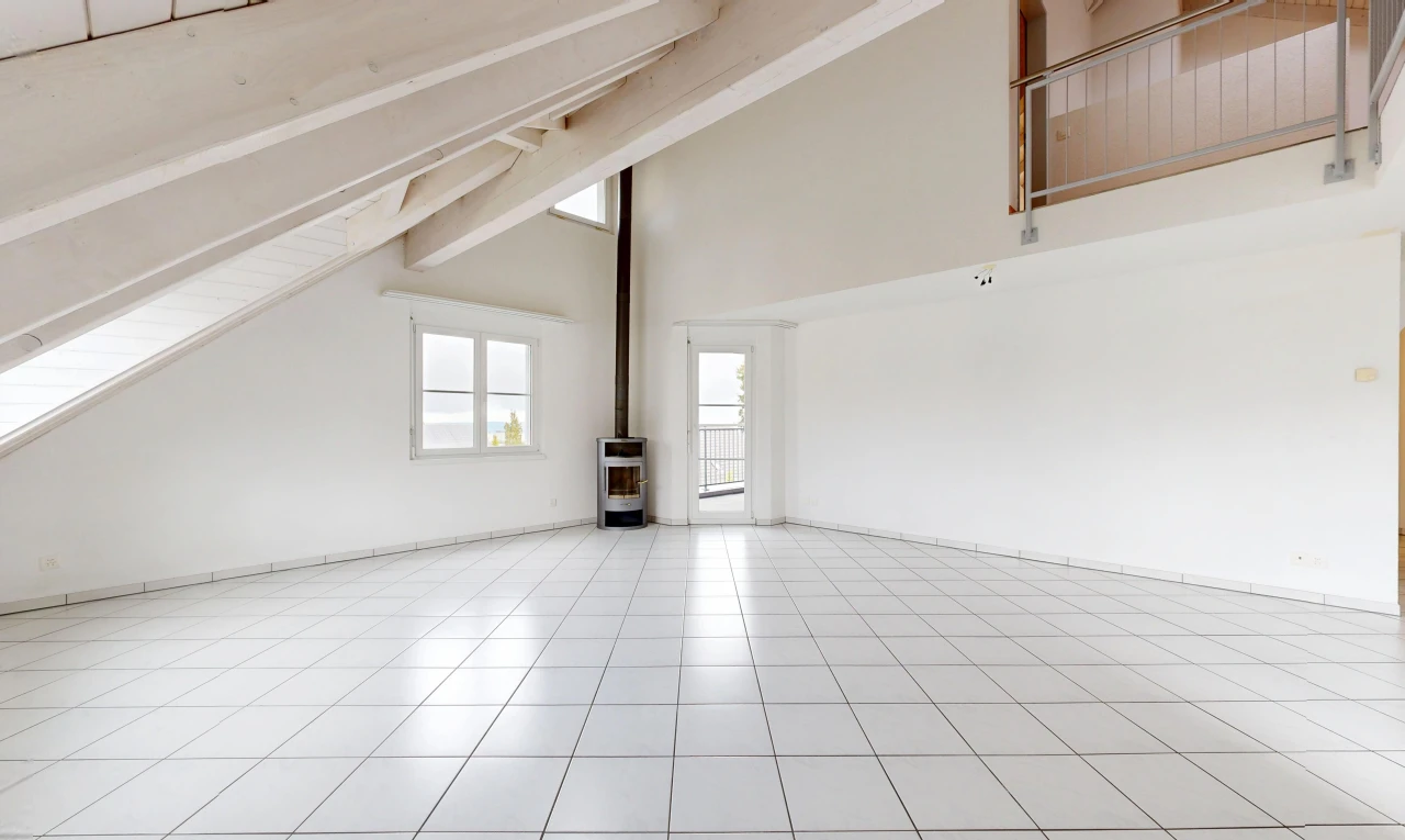 leerer raum mit holzofen, gipskartonwand, drywall, hohe decke, und high ceiling