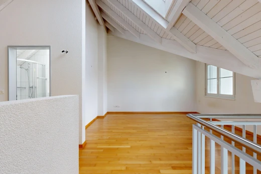 leerer raum mit dachfenster, dachschräge, vaulted ceiling, high end ceiling, und holzfußboden