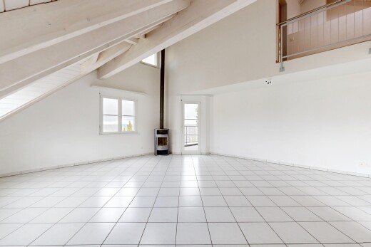 leerer raum mit holzofen, gipskartonwand, drywall, hohe decke, und high ceiling