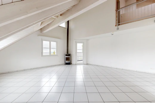 leerer raum mit holzofen, gipskartonwand, drywall, hohe decke, und high ceiling