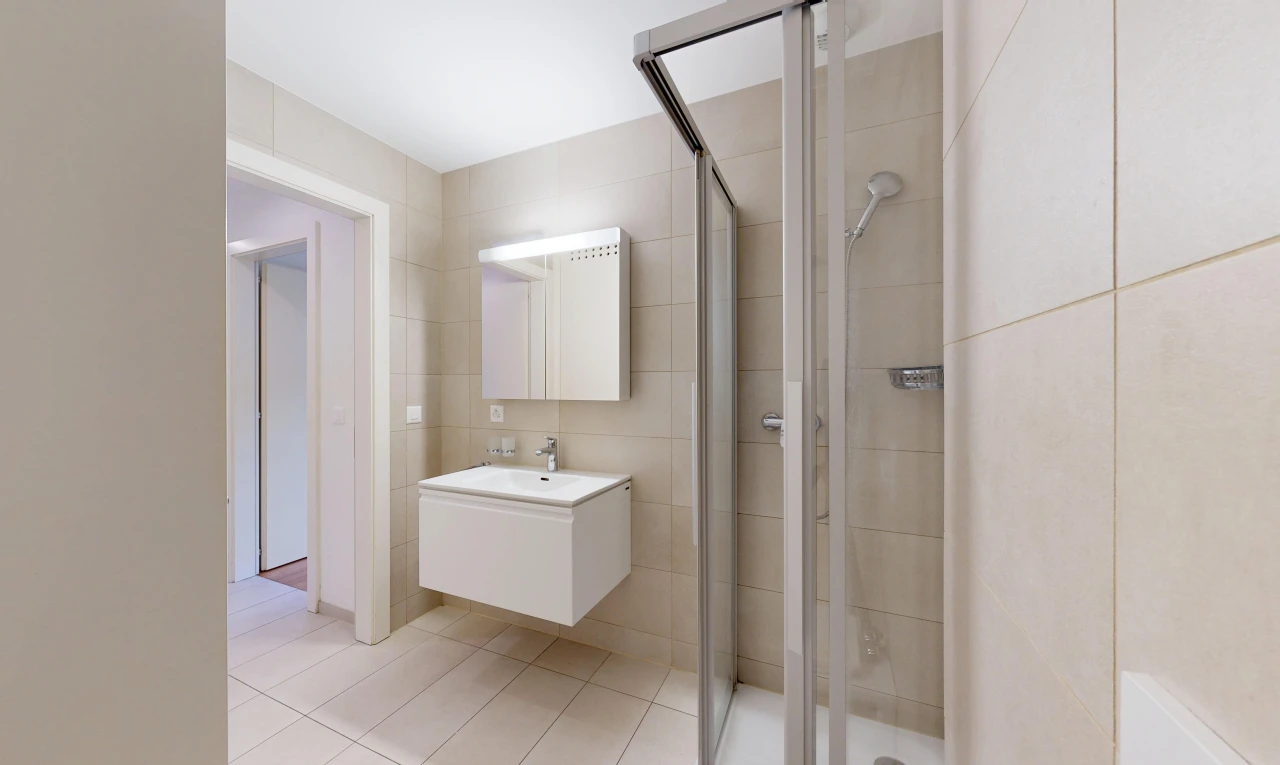 bad mit dusche, fliesenwand, tile wall, spiegel, und komplettes badezimmer