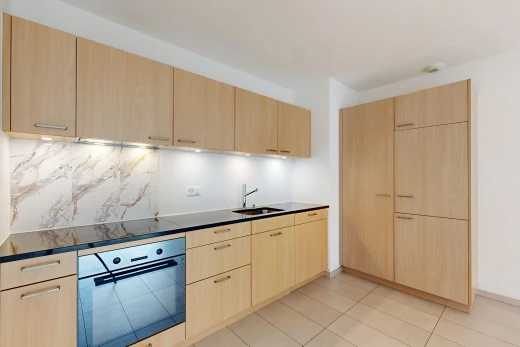 küche mit hellbraune schränke, light brown cabinets, ofen, dark countertops, und schränke mit flachen paneelen