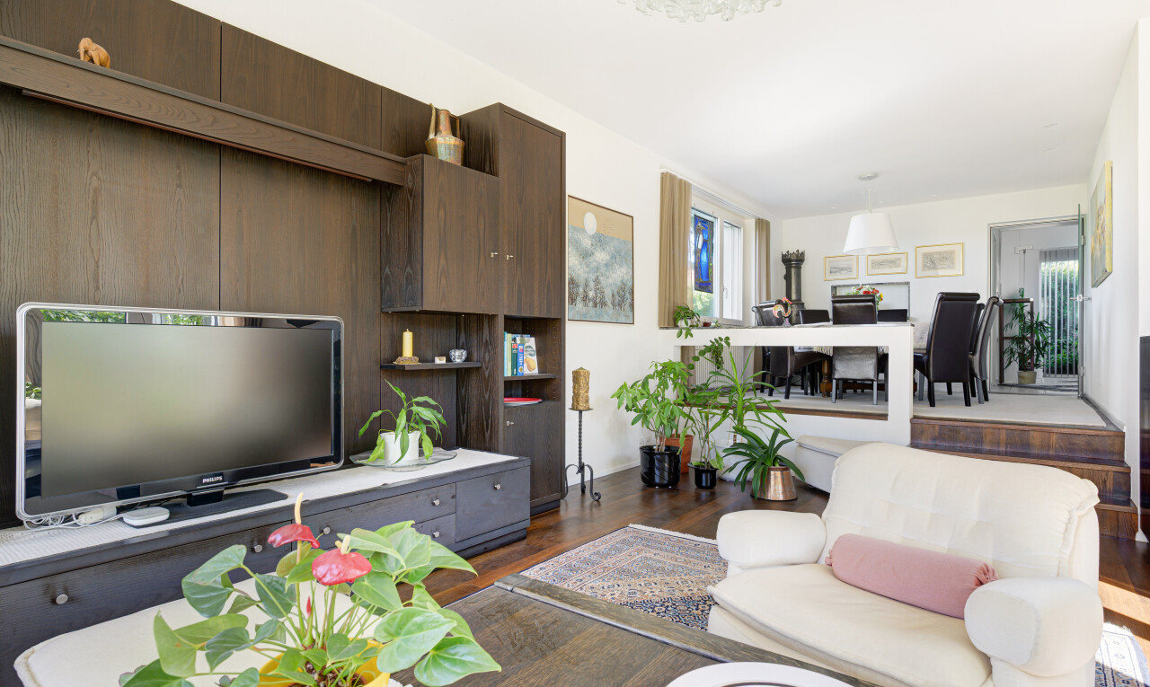 wohnzimmer mit fernseher, holzfußboden, wood finish floor, natürliches licht, und natural light