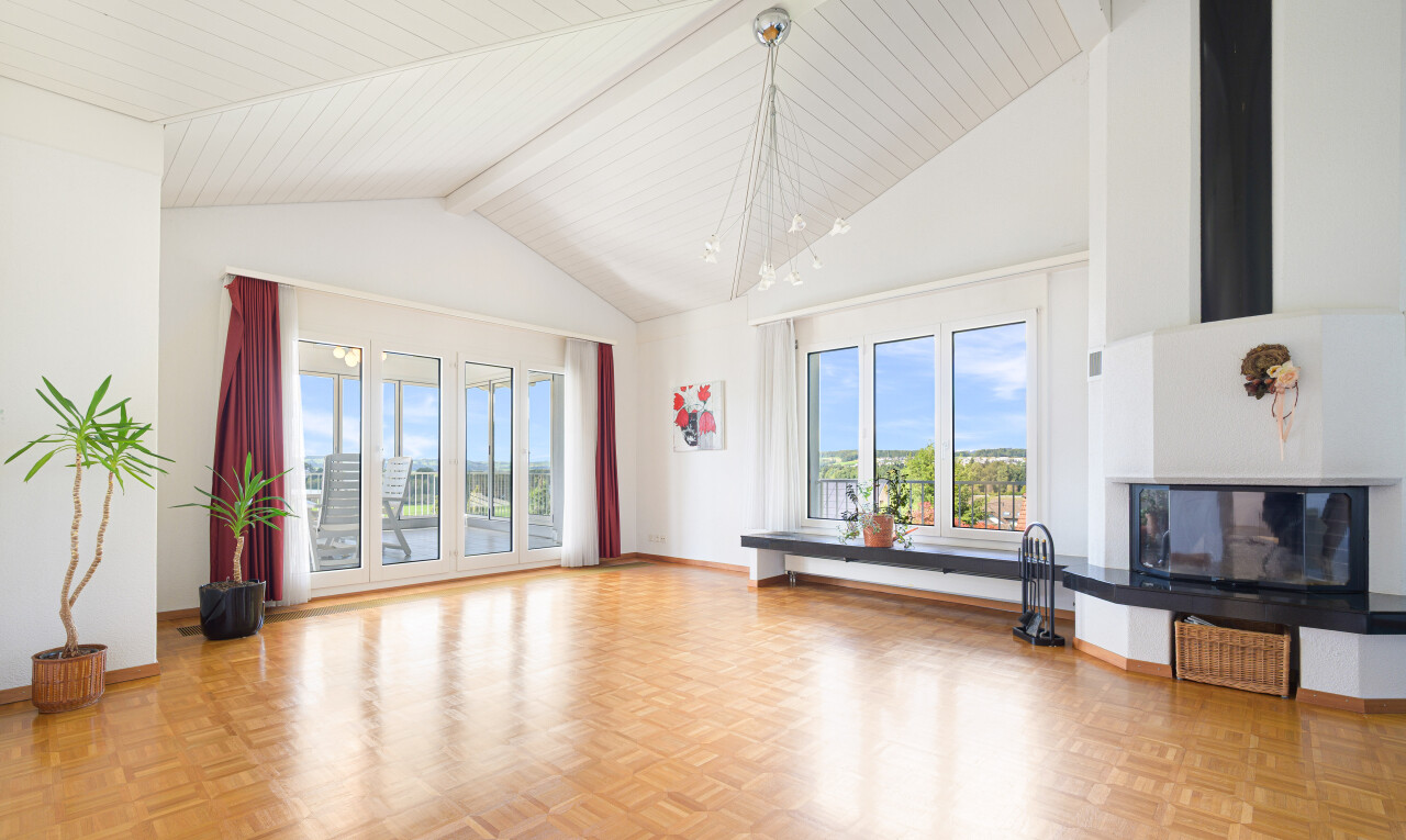 leerer raum mit balkendecke, beamed ceiling, day time, natürliches licht, und natural light
