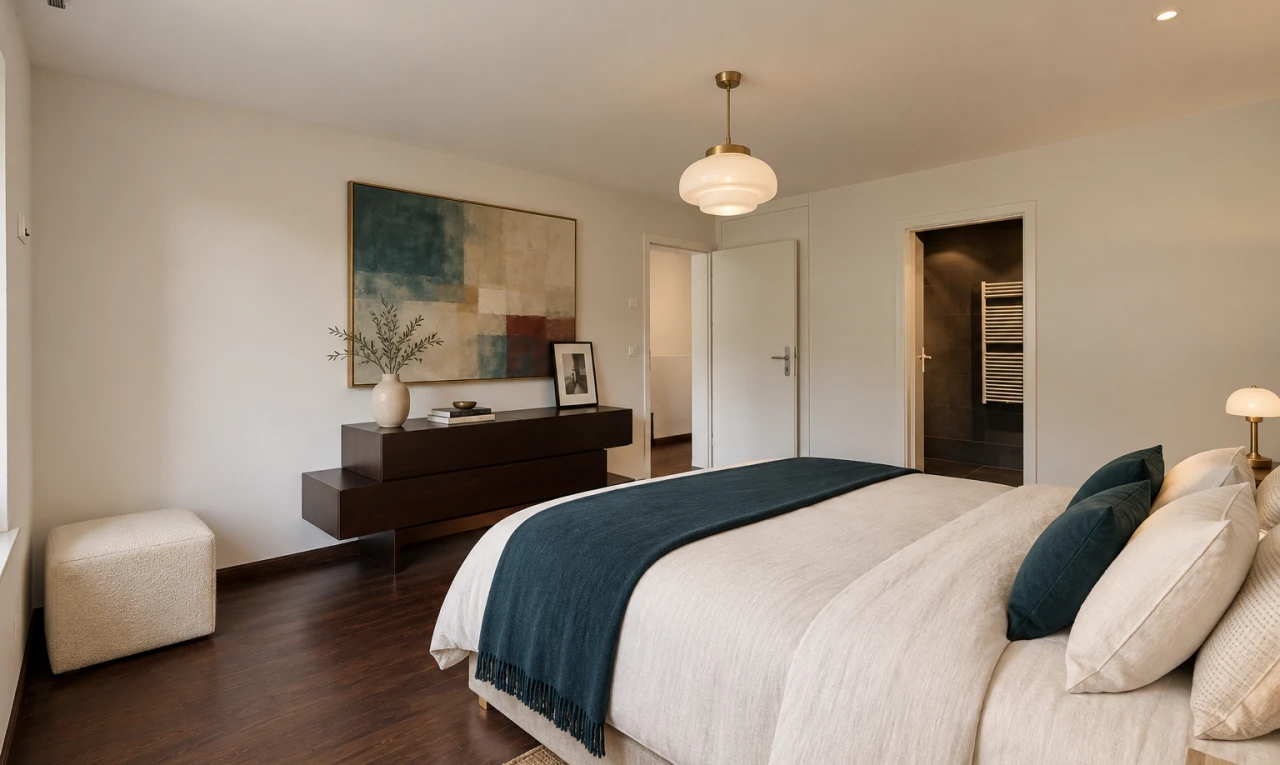 chambre avec éclairage suspendu, cloison sèche, drywall, dark floor, et sol en finition bois