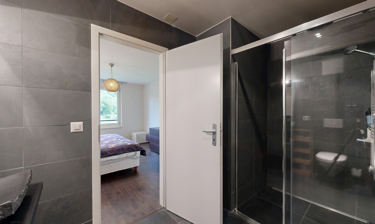 salle de bains avec salle de bain attenante, salle de bain complète, inside property, douche, et dark floor