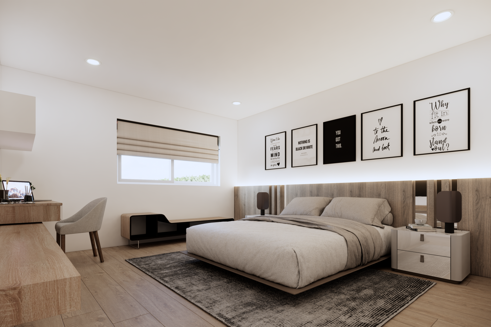 chambre avec sol en finition bois, wood finish floor, éclairage encastré, cloison sèche, et drywall