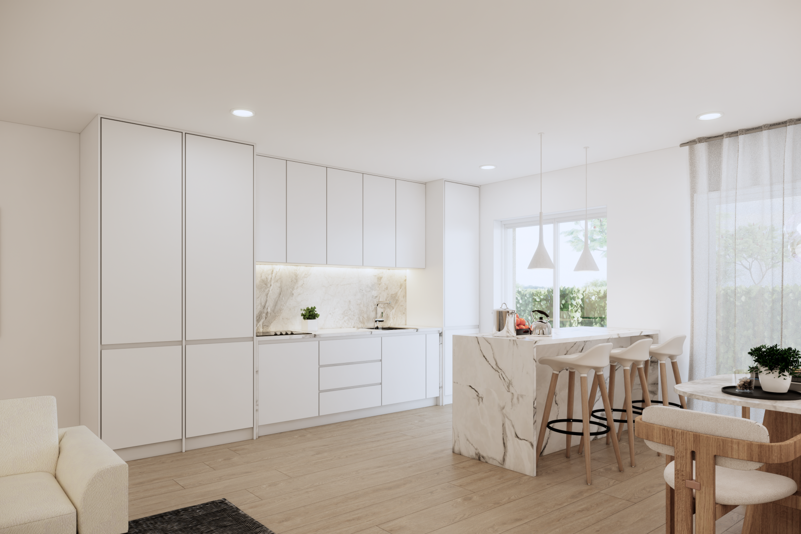 cuisine avec waterfall edge countertops, flat panel cabinets, armoires à panneau plat, kitchen bar, et bar de cuisine