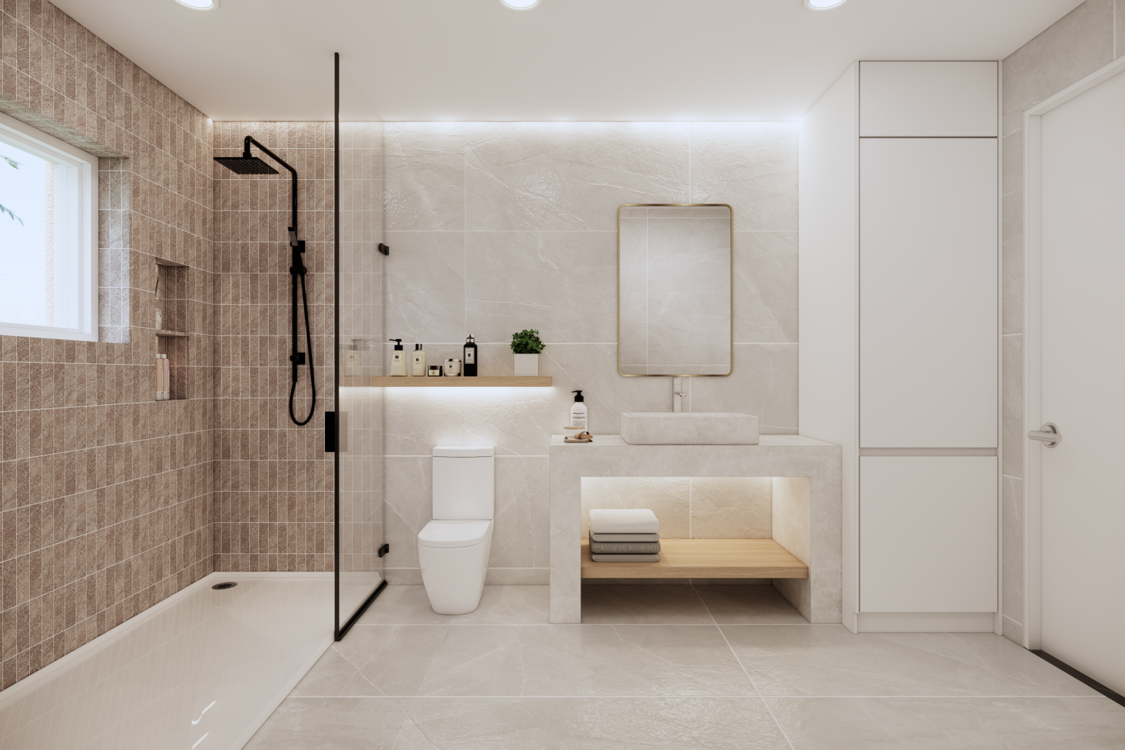 salle de bains avec tile wall, mur en carrelage, salle de bain complète, douche, et miroir