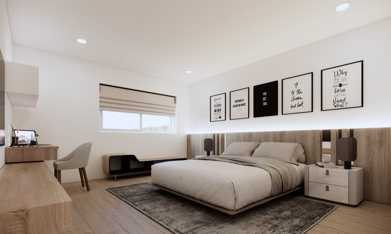 chambre avec sol en finition bois, wood finish floor, éclairage encastré, cloison sèche, et drywall