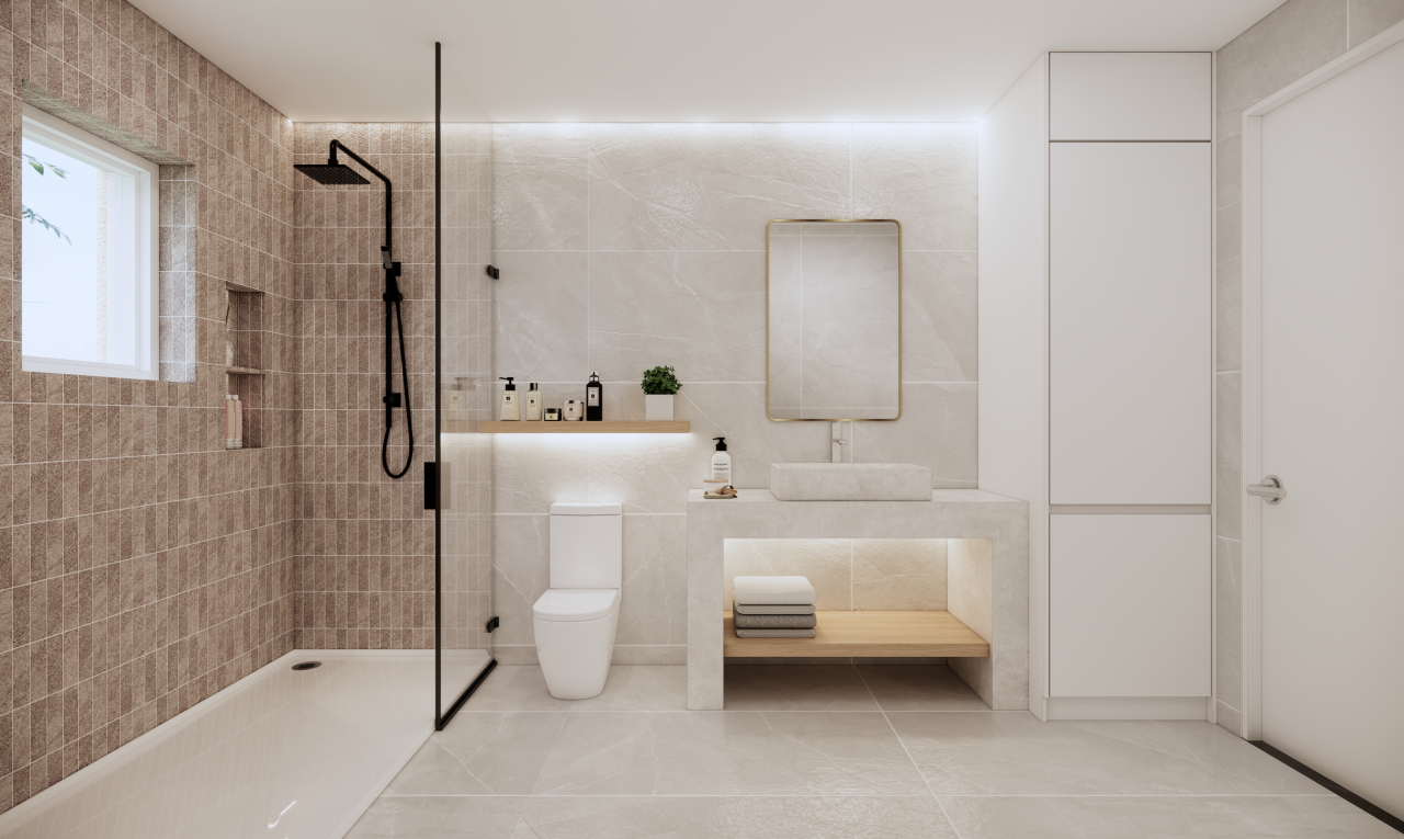 salle de bains avec tile wall, mur en carrelage, salle de bain complète, douche, et miroir