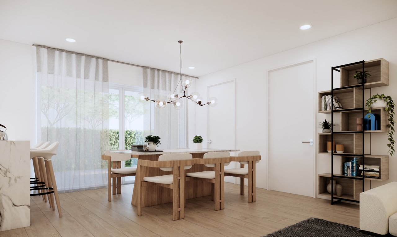 salle à manger avec éclairage encastré, wood finish floor, sol en finition bois, drywall, et cloison sèche