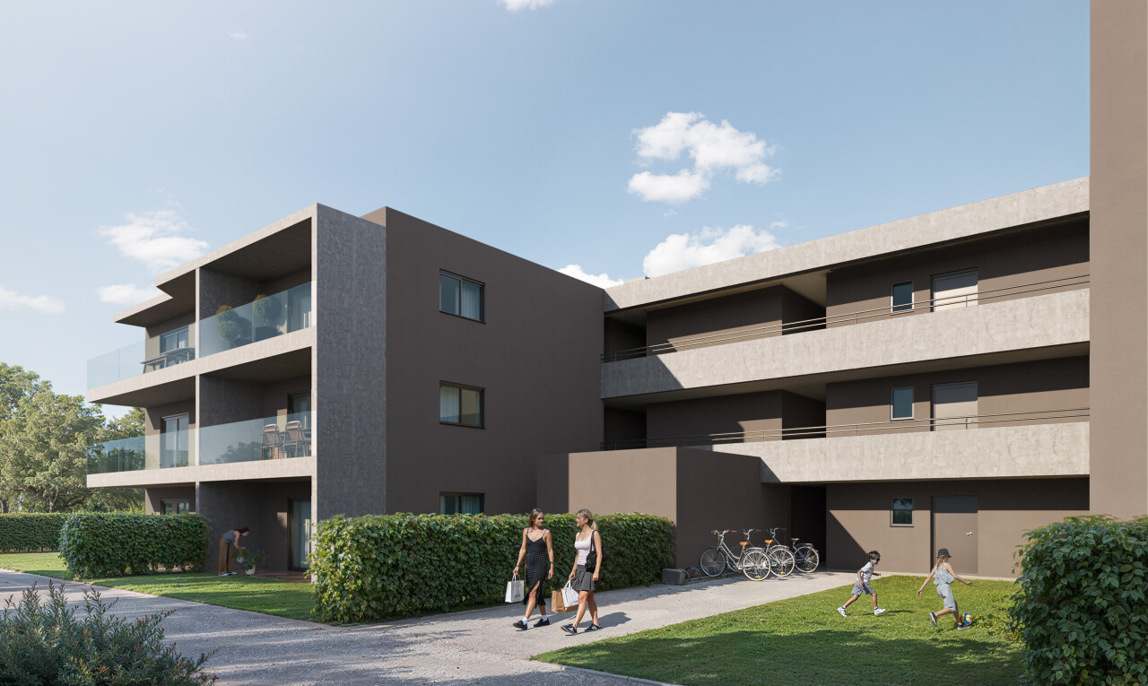 extérieur du bâtiment avec rendered, day time, apartment complex view, vue sur le complexe d'appartements, et from community