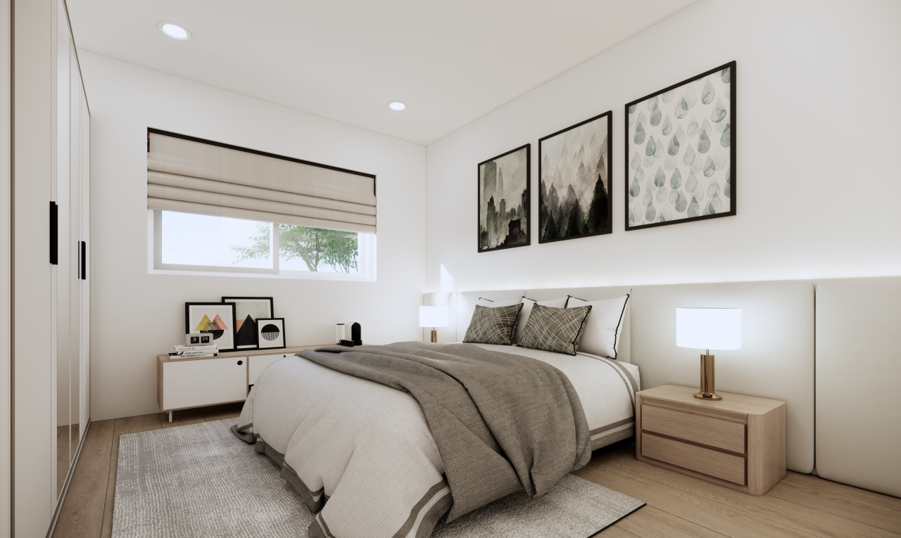 chambre avec éclairage encastré, drywall, cloison sèche, virtually staged, et wood finish floor