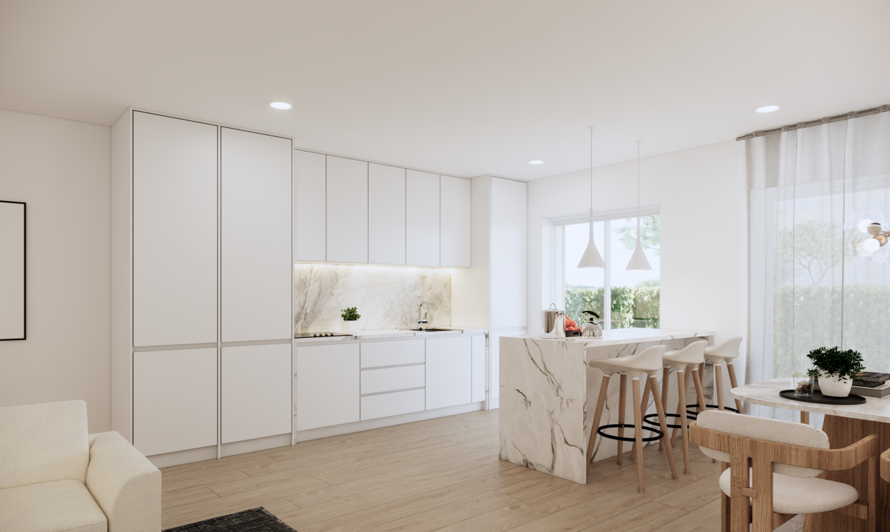 cuisine avec waterfall edge countertops, flat panel cabinets, armoires à panneau plat, kitchen bar, et bar de cuisine