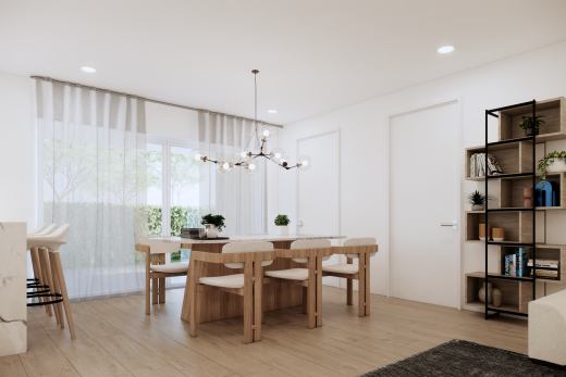 salle à manger avec éclairage encastré, wood finish floor, sol en finition bois, drywall, et cloison sèche