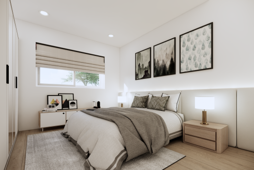 chambre avec éclairage encastré, drywall, cloison sèche, virtually staged, et wood finish floor