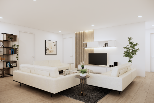 salon avec télévision, éclairage encastré, wood finish floor, sol en finition bois, et drywall