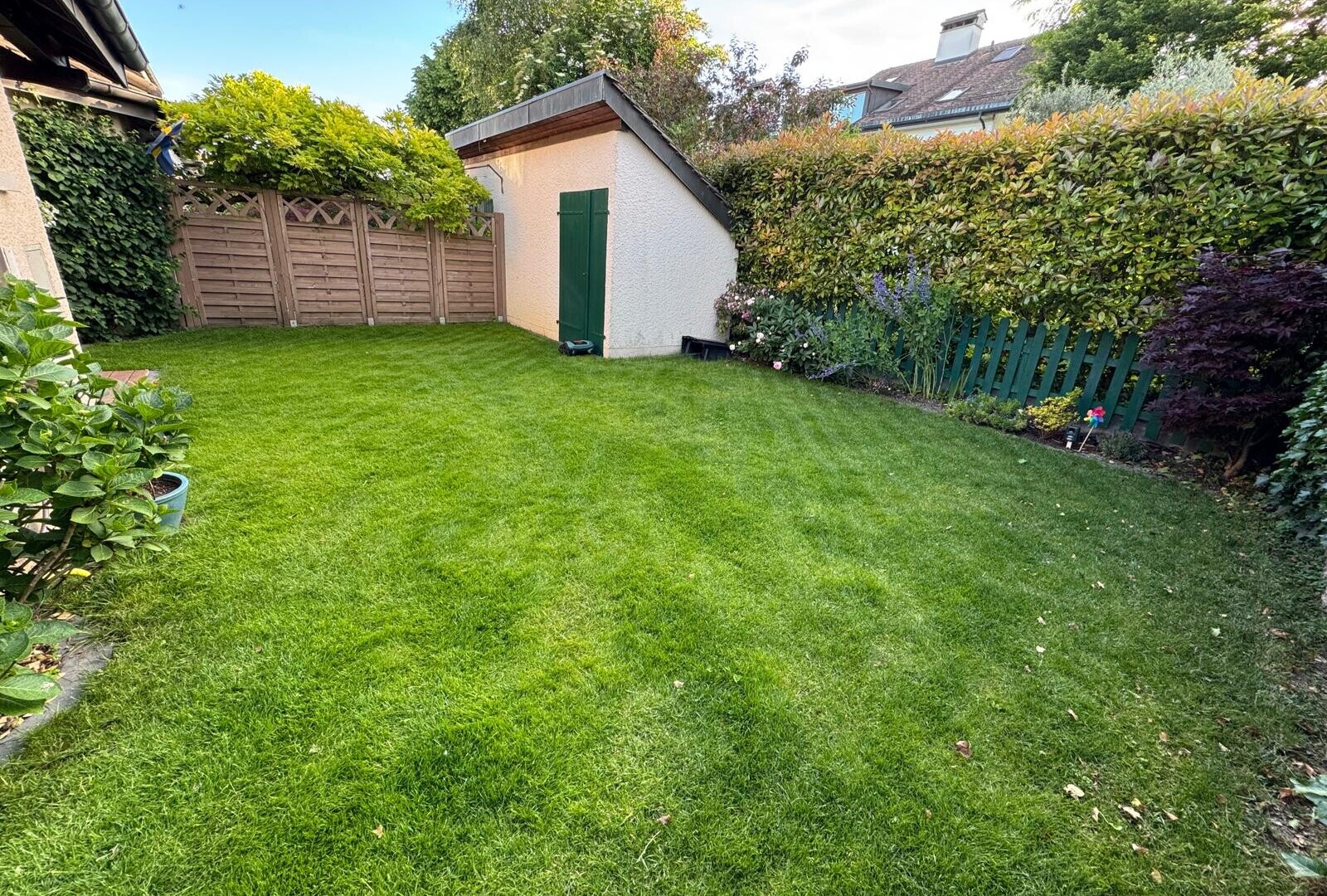 garten mit zaun, rasen, außenansicht, from property, und day time