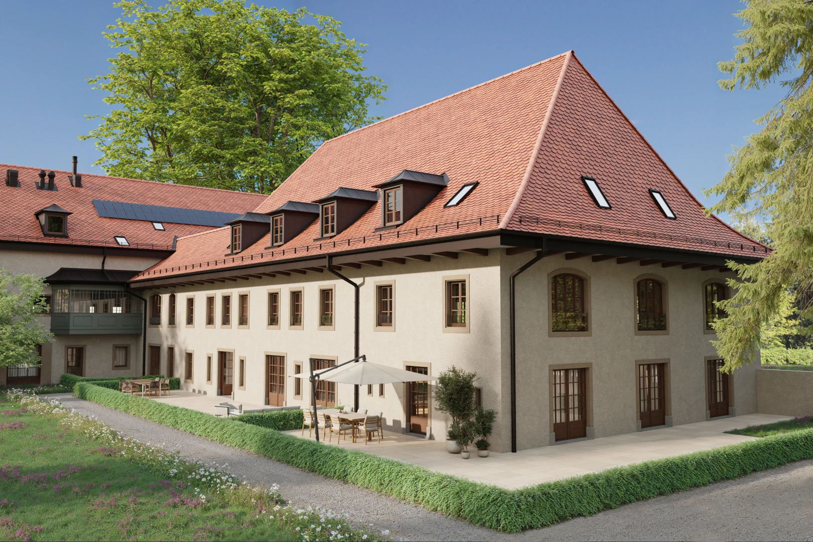 façade avec bardage en stuc, toit mansardé, et terrasse