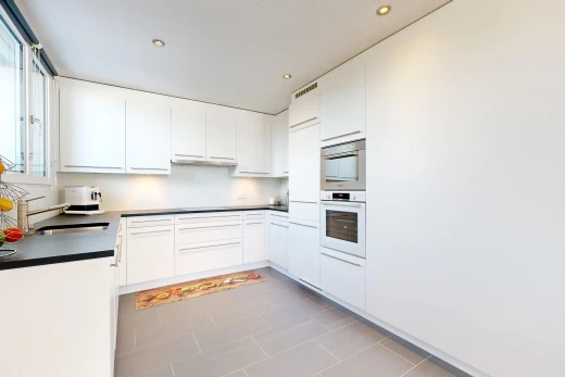 küche mit dark countertops, arbeitsplatten, waschbecken, white cabinets, und weiße schränke