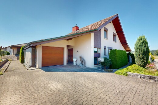 außenansicht mit day time, stuckverkleidung, auffahrt, property visible, und schornstein