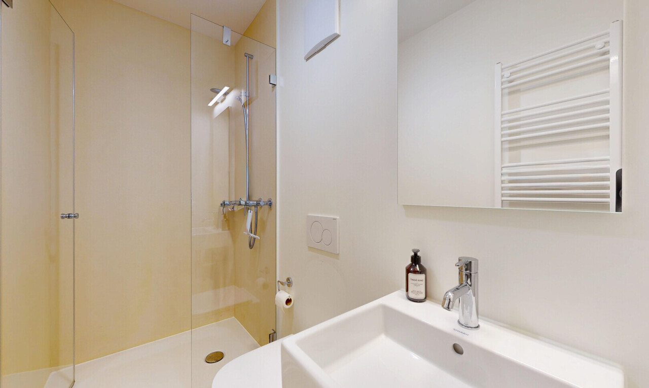 full bathroom with radiator, a shower with shower door, and vanity