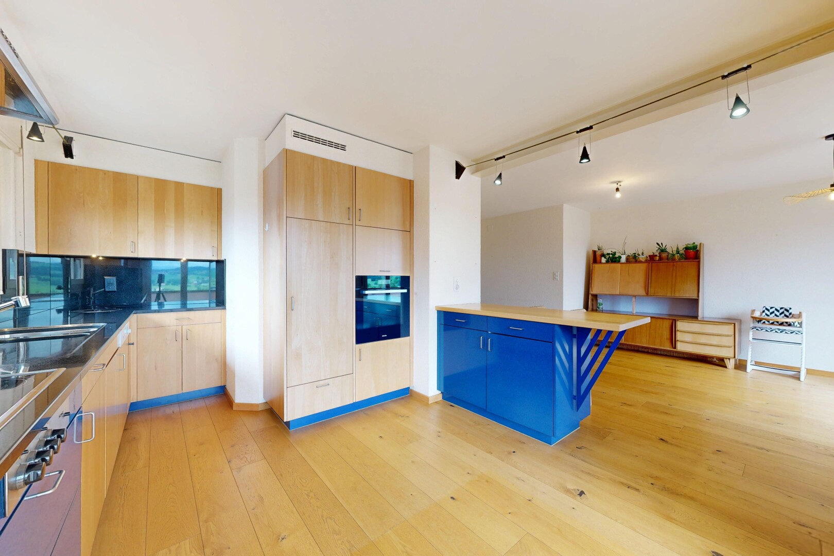cuisine avec inside property, four, sol en finition bois, wood finish floor, et éclairage sur rail
