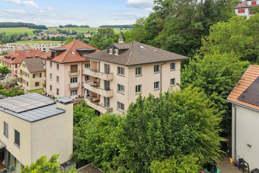 façade avec bardage en stuc, cheminée, et drone view