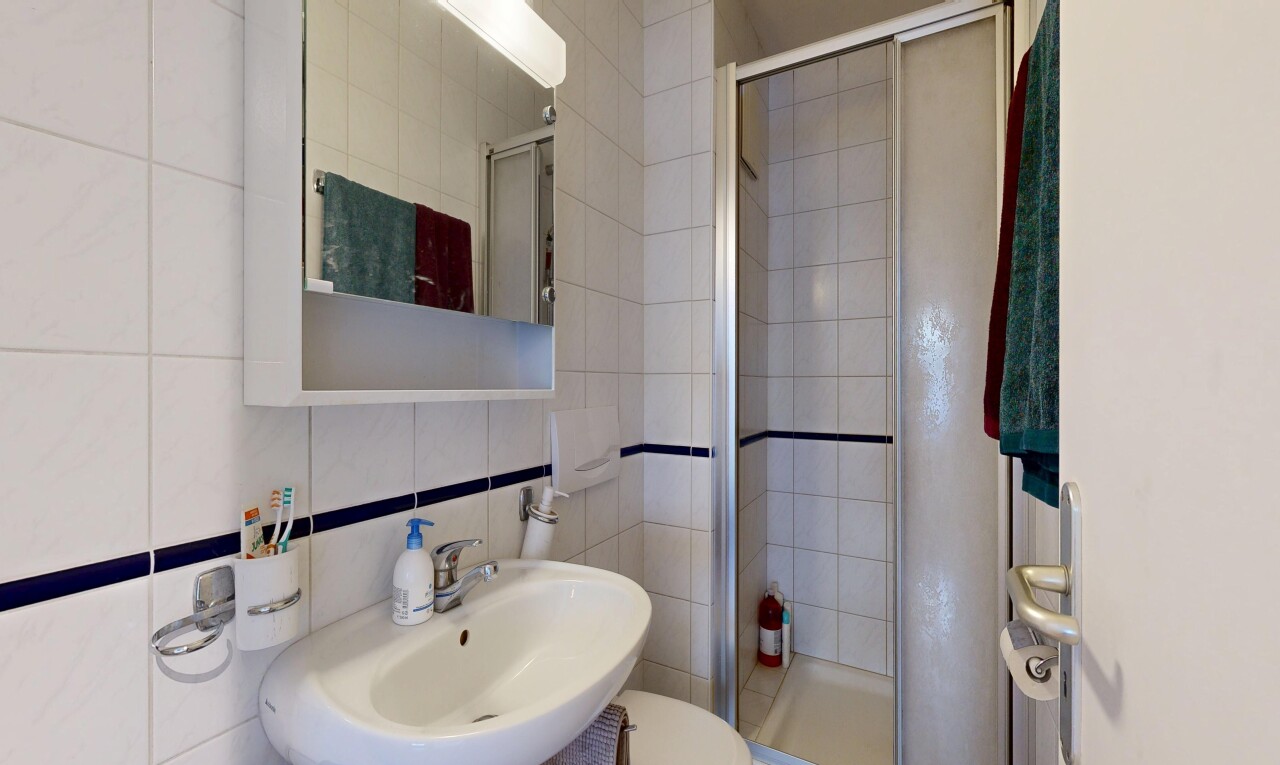 salle de bains avec miroir, salle de bain complète, douche, mur en carrelage, et tile wall