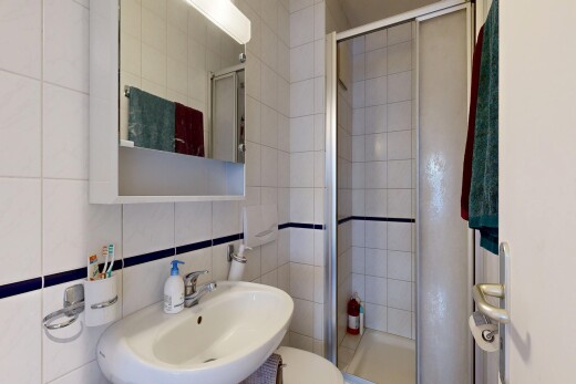bad mit spiegel, komplettes badezimmer, dusche, fliesenwand, und tile wall