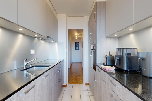 cuisine avec dark countertops, flat panel cabinets, armoires à panneau plat, light floor, et stone countertops